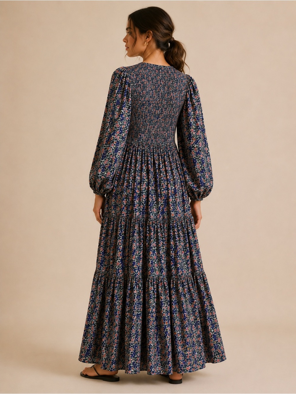 Apiece Apart Olivas Floral Fit & Flare Maxi Dress Smocked Bodice Long Sleeve - Picture 3 of 12